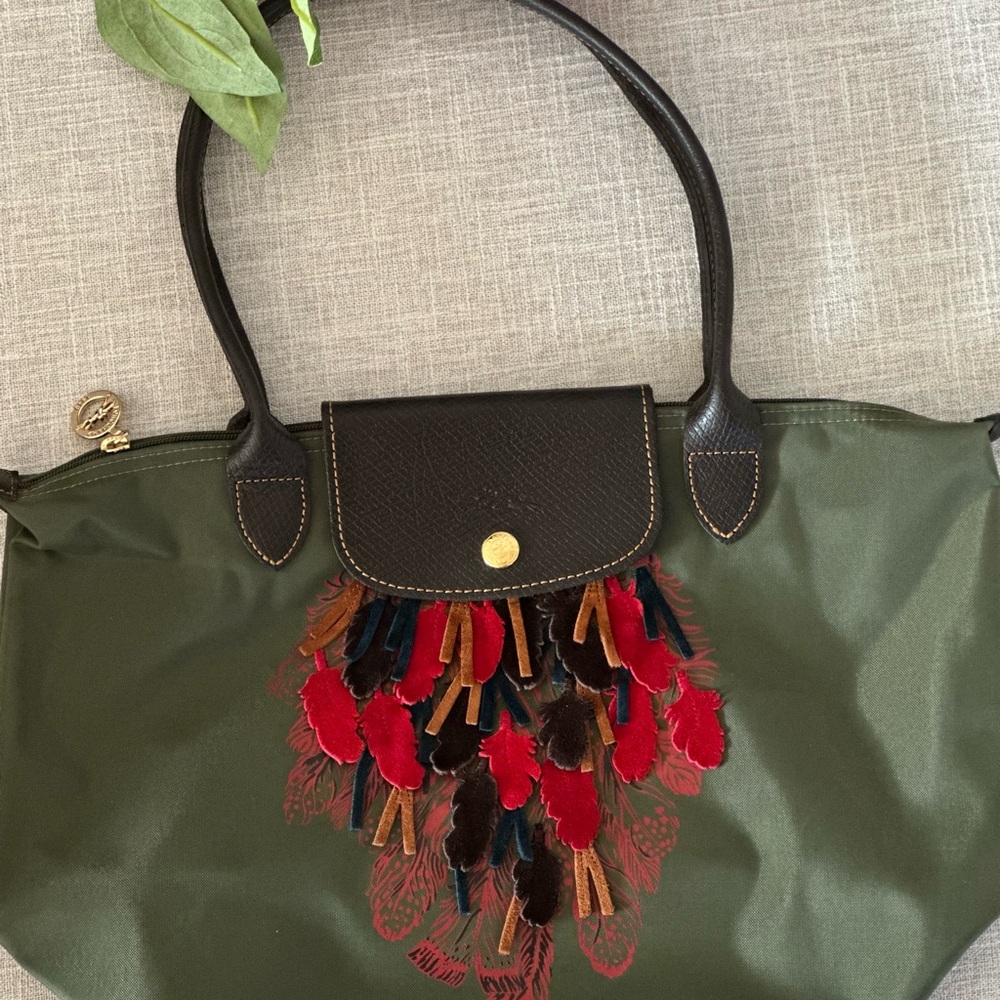 Longchamp Green Tote with Red and Brown Feather Design